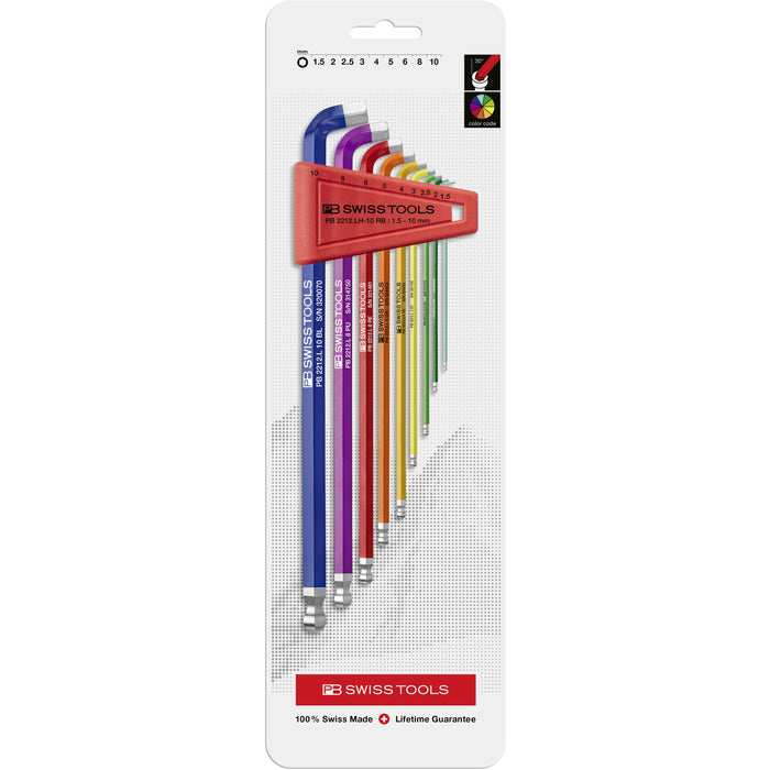 PB Swiss Rainbow 9 Pce Metric Long Ball End Hex Key Set Short Key Angle 100°