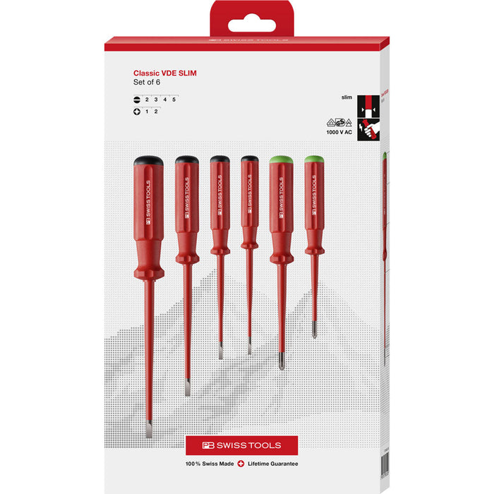 PB Swiss 6 Pce Slotted & Pozidriv Classic VDE Slim Screwdriver Set in Box