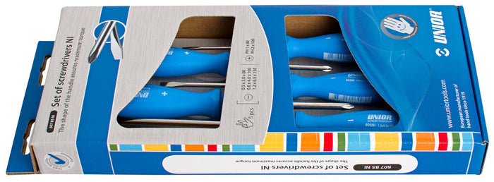Unior 607B5NI Slotted & Phillips Screwdriver Set in Carton Box, 5 Pce