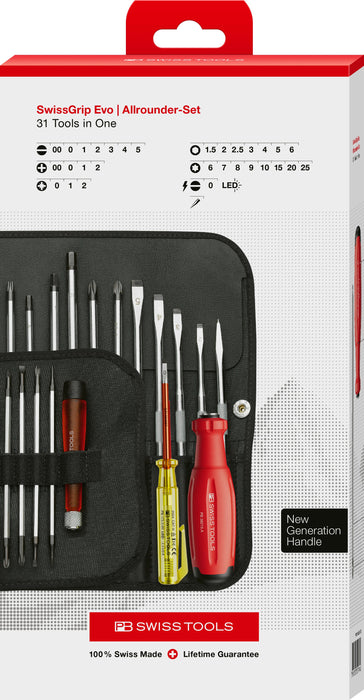 PB Swiss 38515.LED CBB SwissGrip Evo All Rounder Set I/Changeable Blades in Roll-Up Case in Box