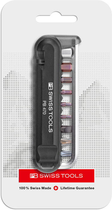 PB Swiss 470 Black BikeTool Pocket Tool with 9 Screwdriving Tools & 2 Tyre Levers in Skin Pack