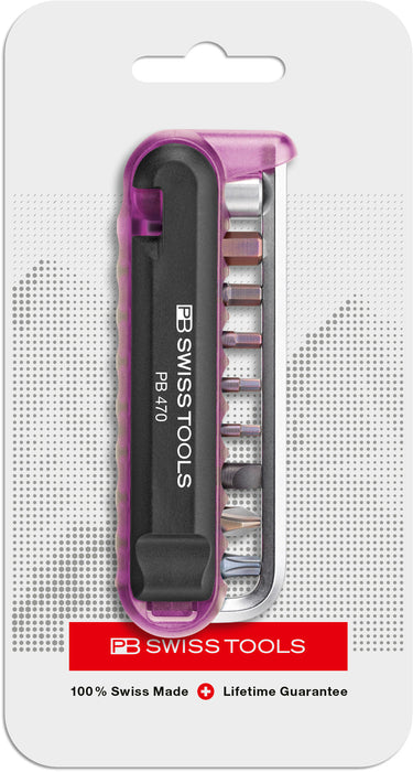 PB Swiss 470 Purple BikeTool Pocket Tool with 9 Screwdriving Tools & 2 Tyre Levers in Skin Pack