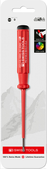 PB Swiss 5100.0-80 Classic VDE 0.4 x 2.5mm Slotted Screwdriver in Skin Pack
