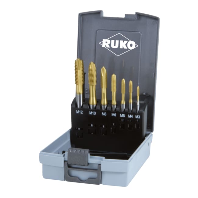 RUKO 7 Piece Machine Spiral Taps Type C HSS TiN in Plastic Case