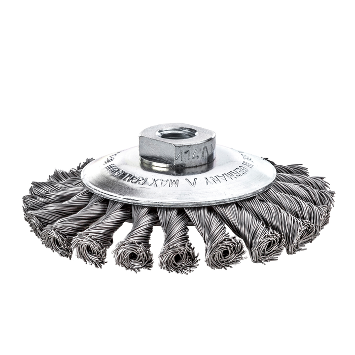 Lessmann Knot Conical Brush Dia 100 x 12mm 18 Z Steel Wire STH Straight 0.5mm Thread M14