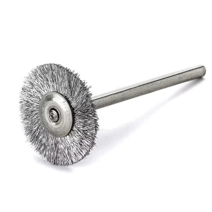 Lessmann Mini Wheel Brushes with 3mm Shank Dia 19mm Steel Wire Stainless ROF Crimped