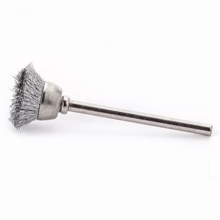 Lessmann Mini Cup Brush with 3mm Shank Dia 15mm Steel Wire Stainless ROF Crimped 0.10mm High 5mm