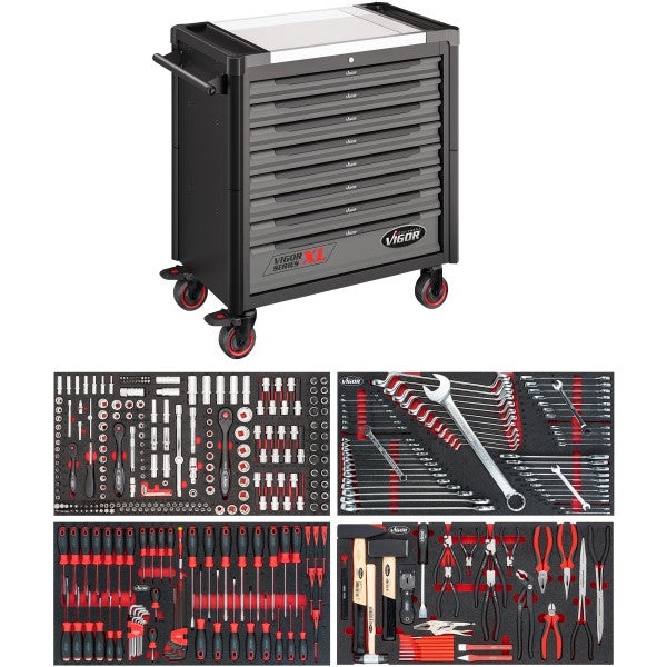Vigor 375 Piece Tool Trolley Series XL Stainless Steel Worktop with Assortment V4481-X/375
