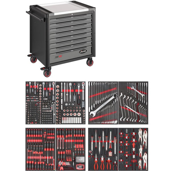 Vigor 469 Piece Tool Trolley Series XD Extra Deep Stainless Steel Worktop with Assortment V4481-XD/469