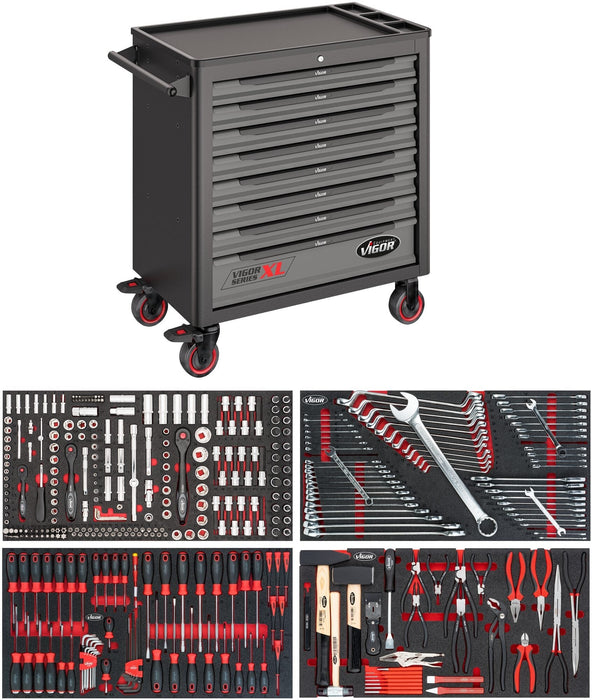 Vigor 375 Piece Tool Trolley Series XL Plastic Worktop with Assortment V4542