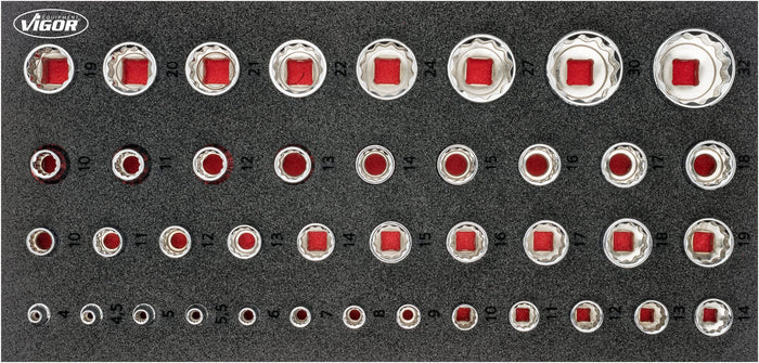 Vigor Mixed Square Drive 42 Piece 12-Point Socket Set V7520  Modular Insert Tray